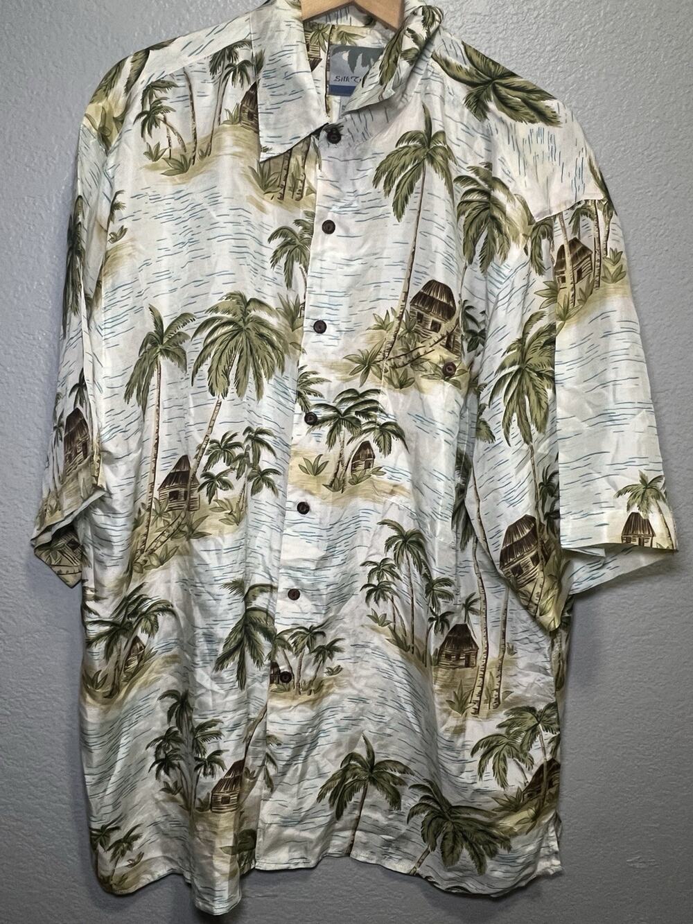 Silk Traders Men's XXL 100% Silk Hawaiian Shirt Tan White Palm Trees
